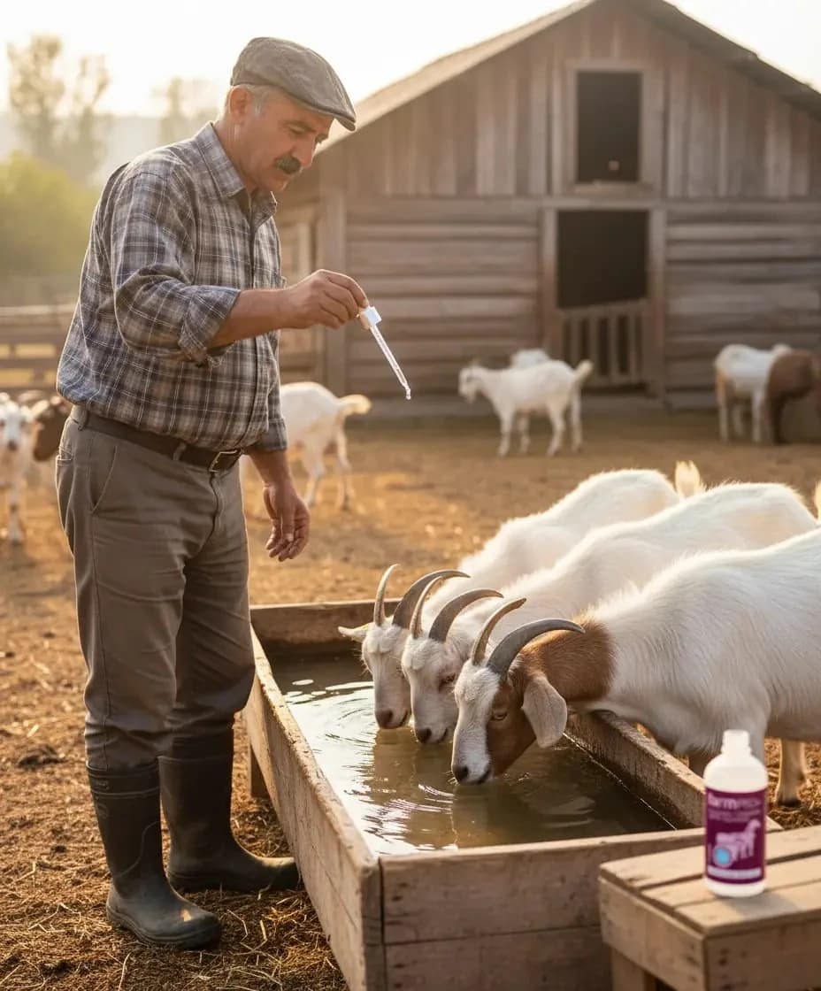 FarmPRO+ küçükbaş metabolizma düzenleyici içme suyu oluğuna katılırken — keçilerde uygulama
